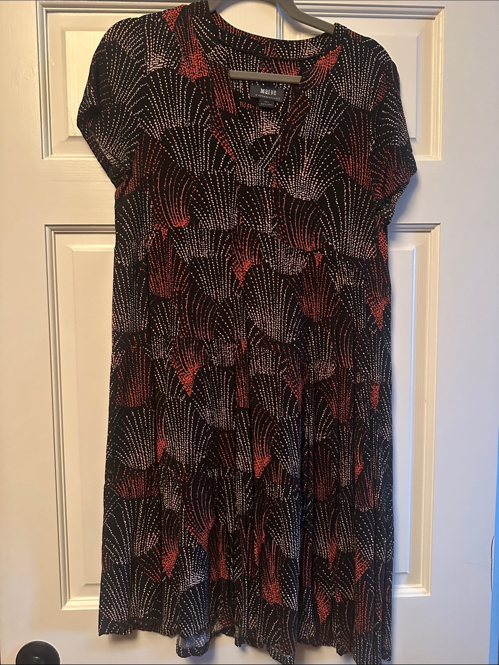 Maeve Harper Tiered Black Dress with Red & White Fan Dot Pattern